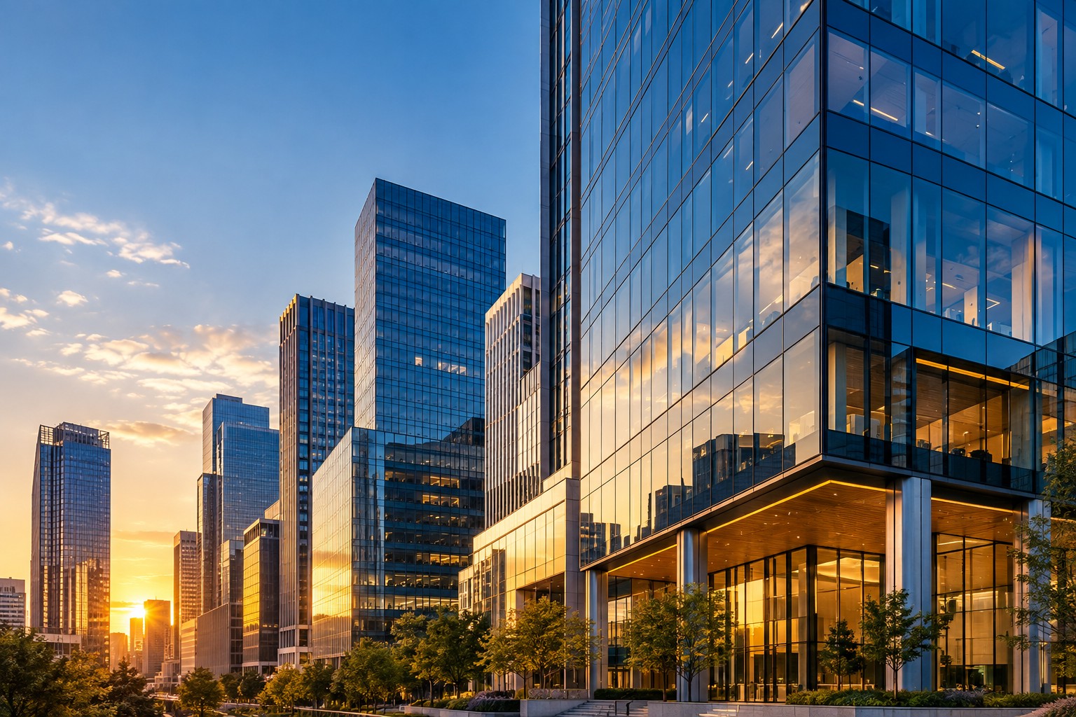 Modern glass office buildings reflecting warm sunset light